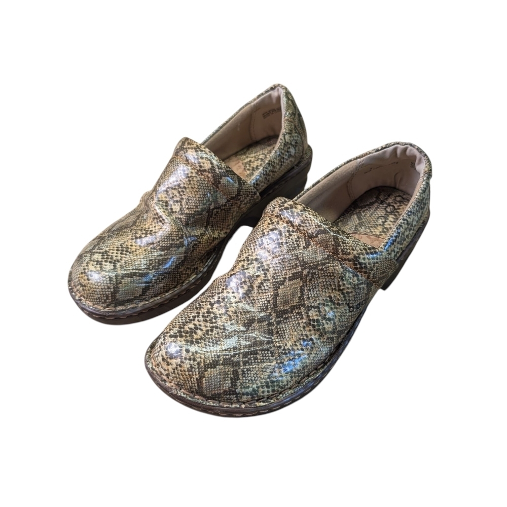 b.o.c. Snakeskin Faux Mules Size 8 Unique Fun Dark Green Brown Clogs EUC - Picture 10 of 12